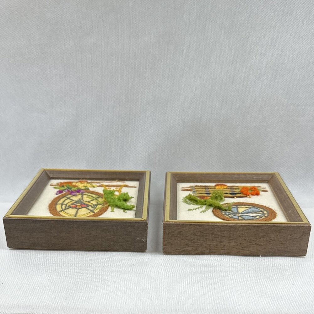 Vintage Framed Sunset Crewel Needlepoint Wall Decor.  Set of 2. - Picture 4 of 8